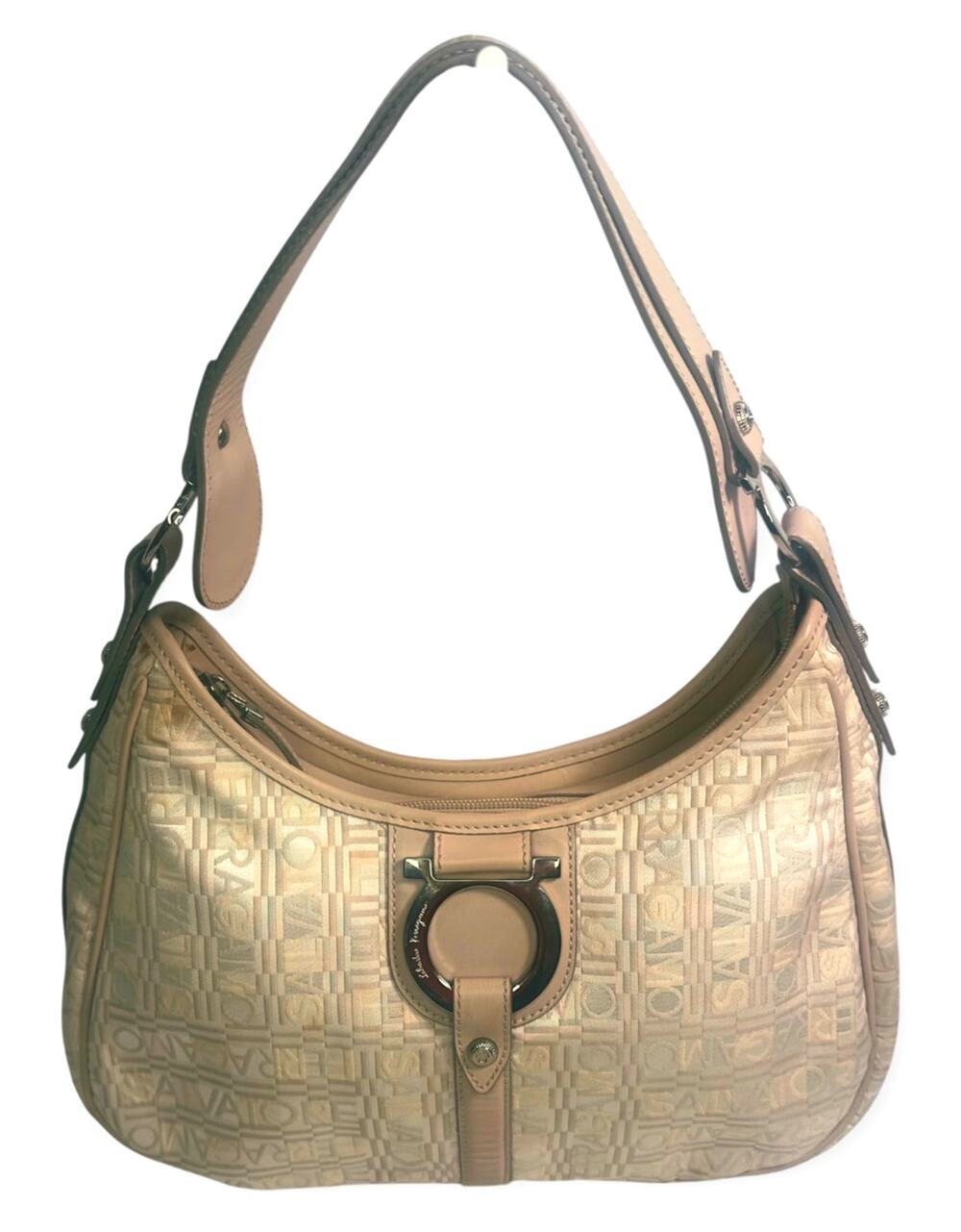 Salvatore Ferragamo Beige Fabric Shoulder Bag with Leather Trim